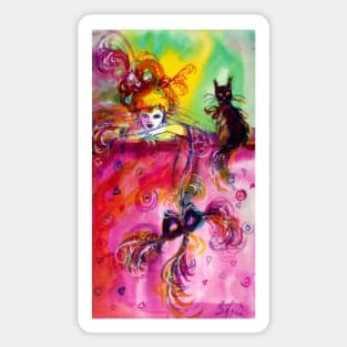 LADY WITH MASK AND BLACK CAT  Venetian Masquerade Night in Pink Magnet